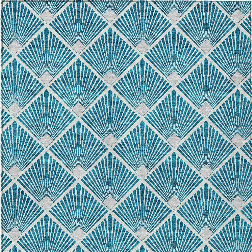 Teal Blue And Ivory Geometric Washable Indoor Outdoor Area Rug Photo 6