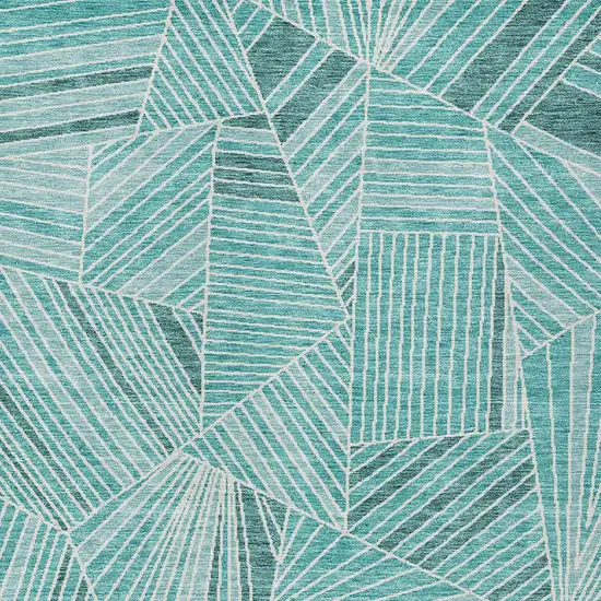 Teal Blue And Ivory Geometric Washable Indoor Outdoor Area Rug Photo 6
