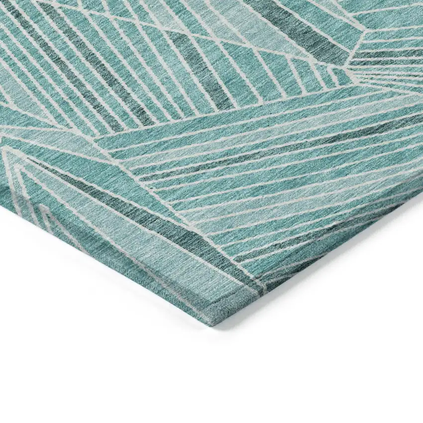 Teal Blue And Ivory Geometric Washable Indoor Outdoor Area Rug Photo 4