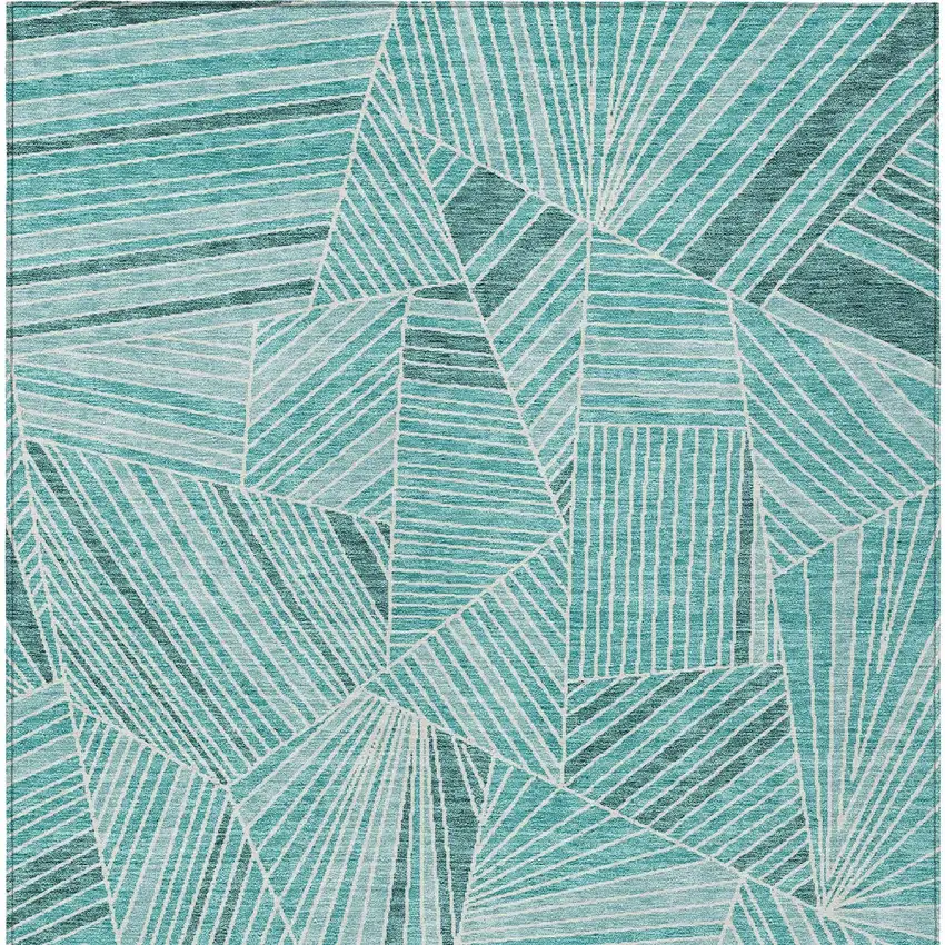 Teal Blue And Ivory Geometric Washable Indoor Outdoor Area Rug Photo 7