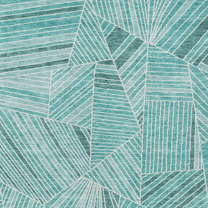 Teal Blue And Ivory Geometric Washable Indoor Outdoor Area Rug Photo 6
