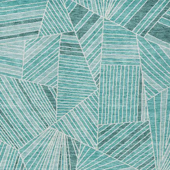 Teal Blue And Ivory Geometric Washable Indoor Outdoor Area Rug Photo 4