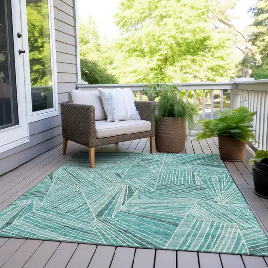 Teal Blue And Ivory Geometric Washable Indoor Outdoor Area Rug Photo 6
