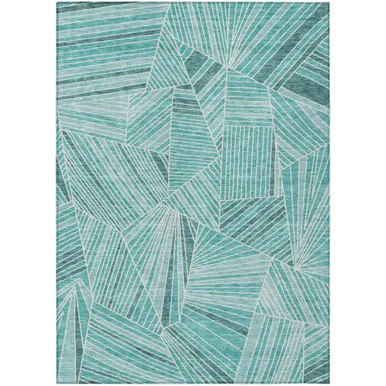 Teal Blue And Ivory Geometric Washable Indoor Outdoor Area Rug Photo 1