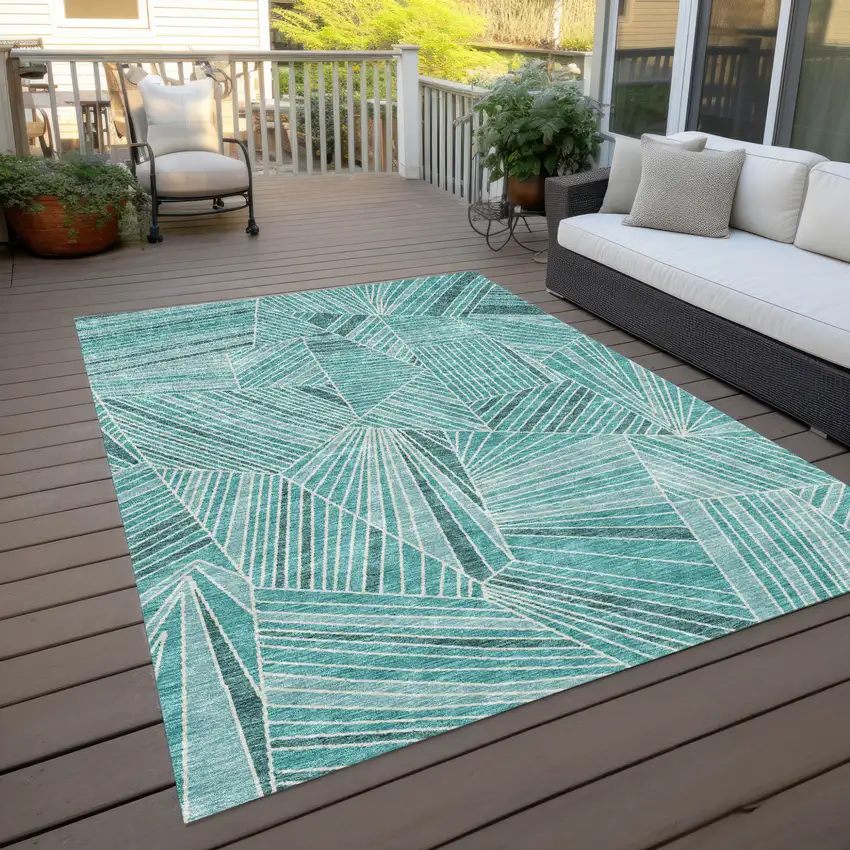 Teal Blue And Ivory Geometric Washable Indoor Outdoor Area Rug Photo 9