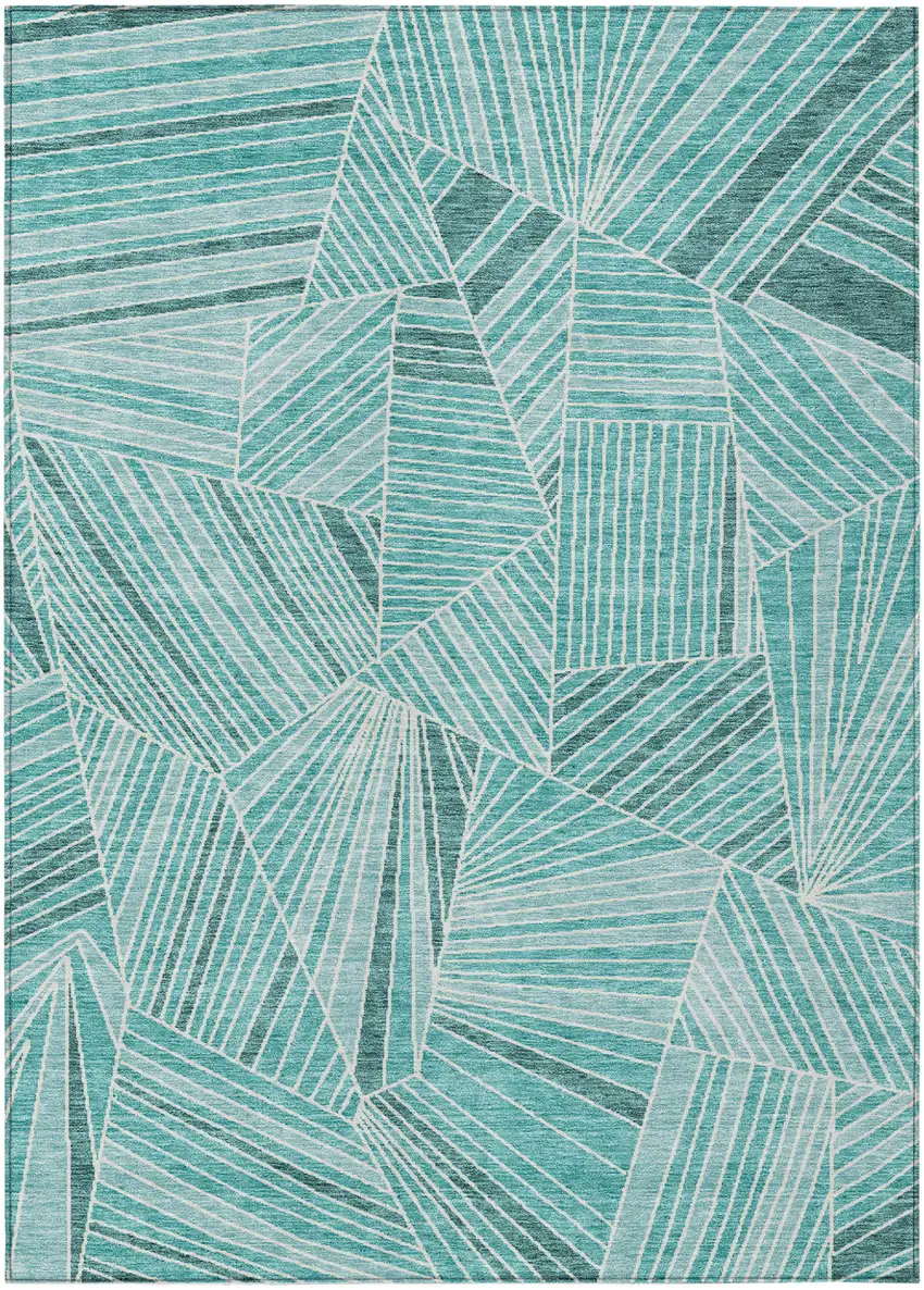 Teal Blue And Ivory Geometric Washable Indoor Outdoor Area Rug Photo 2