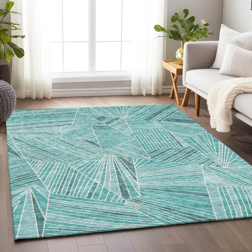 Teal Blue And Ivory Geometric Washable Indoor Outdoor Area Rug Photo 9