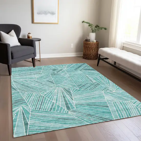 Teal Blue And Ivory Geometric Washable Indoor Outdoor Area Rug Photo 9