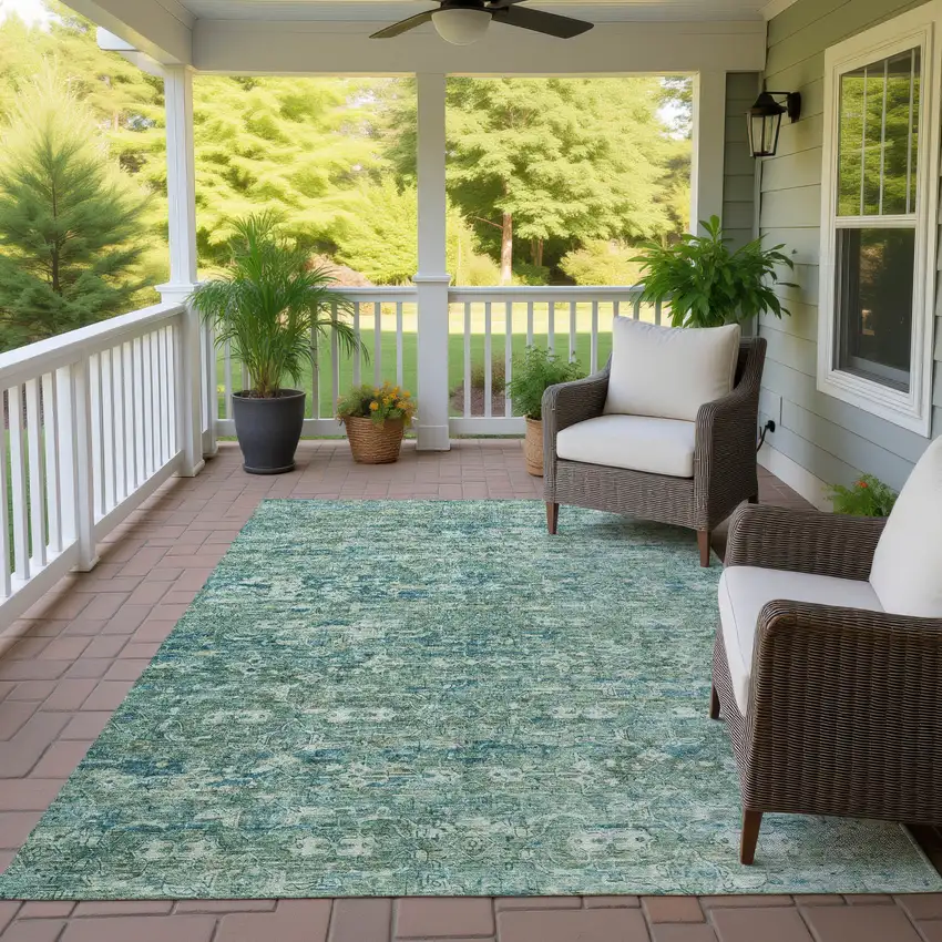Teal Blue And Ivory Ikat Washable Indoor Outdoor Area Rug Photo 9