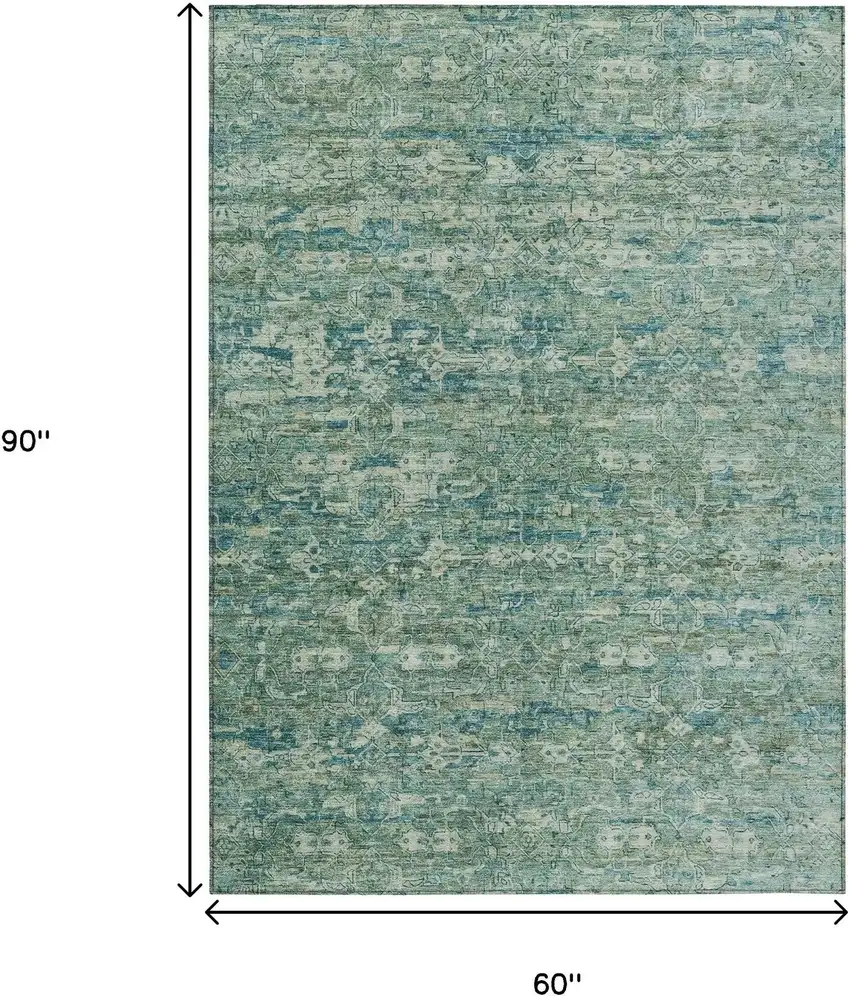 Teal Blue And Ivory Ikat Washable Indoor Outdoor Area Rug Photo 3