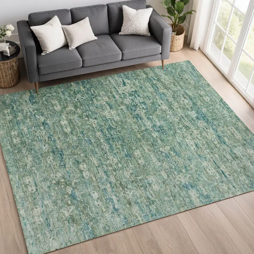 Teal Blue And Ivory Ikat Washable Indoor Outdoor Area Rug Photo 9
