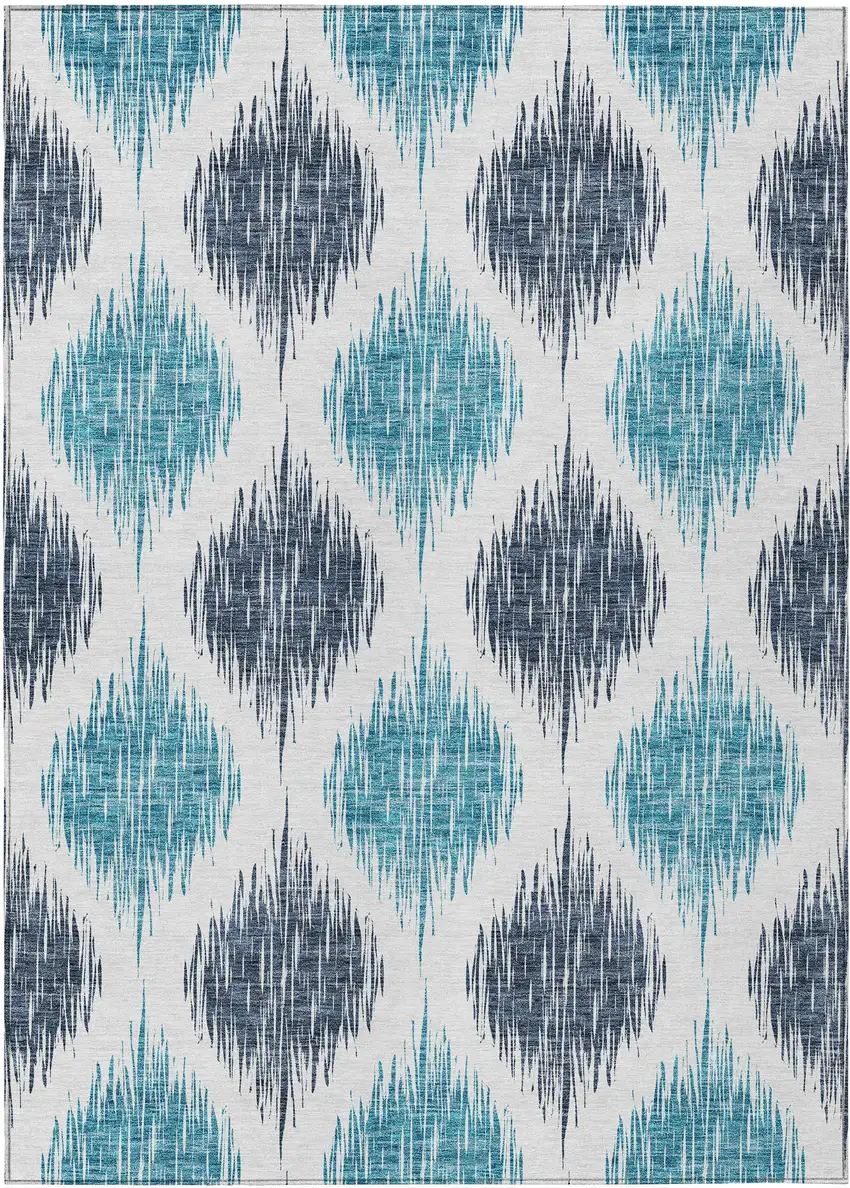 Teal Blue And Ivory Ikat Washable Indoor Outdoor Area Rug Photo 2