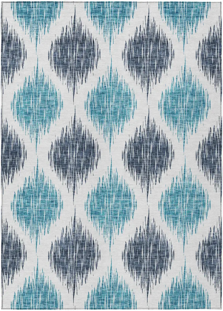 Teal Blue And Ivory Ikat Washable Indoor Outdoor Area Rug Photo 2