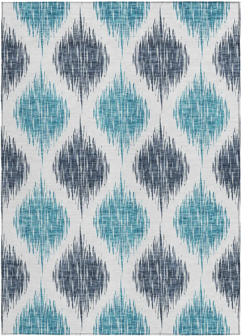 Teal Blue And Ivory Ikat Washable Indoor Outdoor Area Rug Photo 7