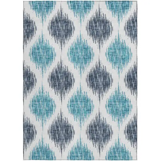 Teal Blue And Ivory Ikat Washable Indoor Outdoor Area Rug Photo 7