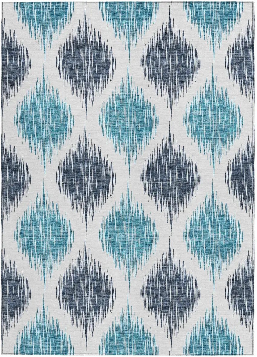 Teal Blue And Ivory Ikat Washable Indoor Outdoor Area Rug Photo 7