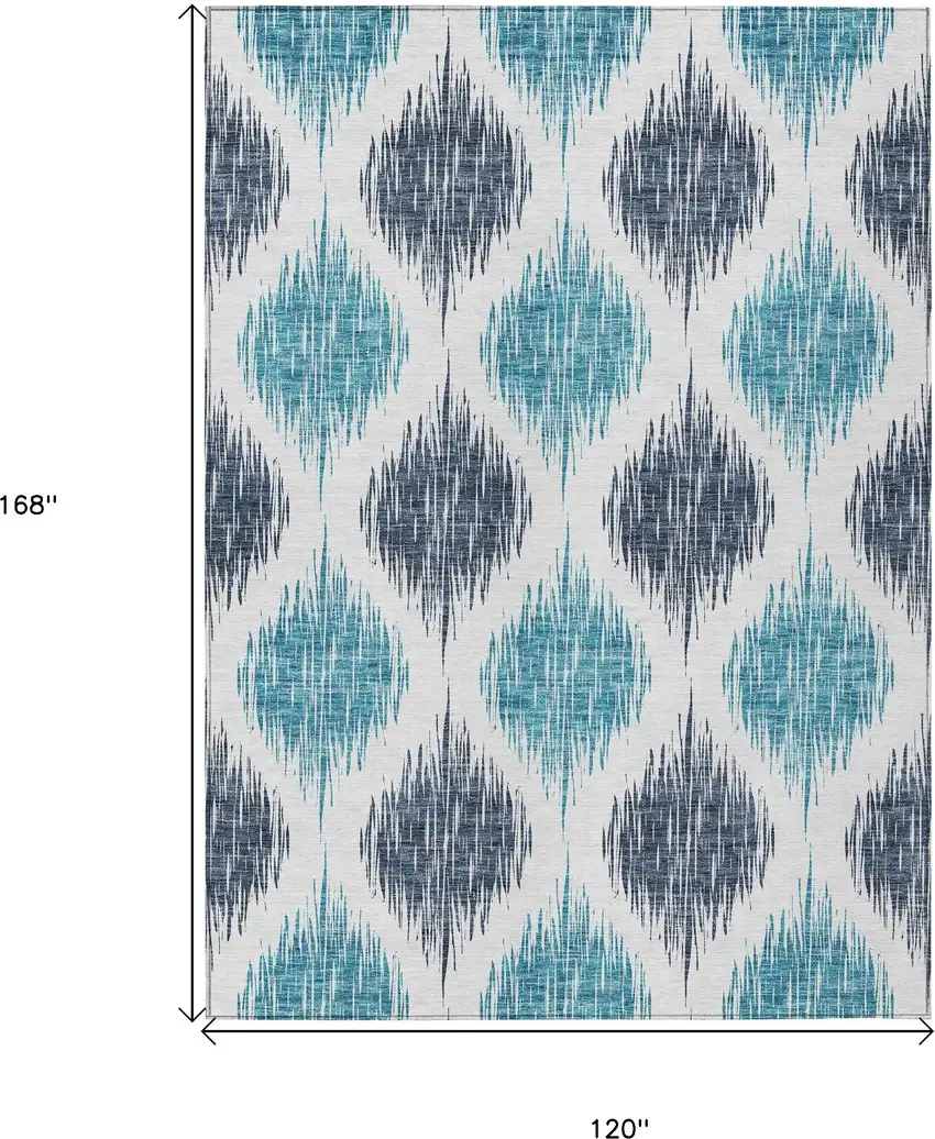 Teal Blue And Ivory Ikat Washable Indoor Outdoor Area Rug Photo 3