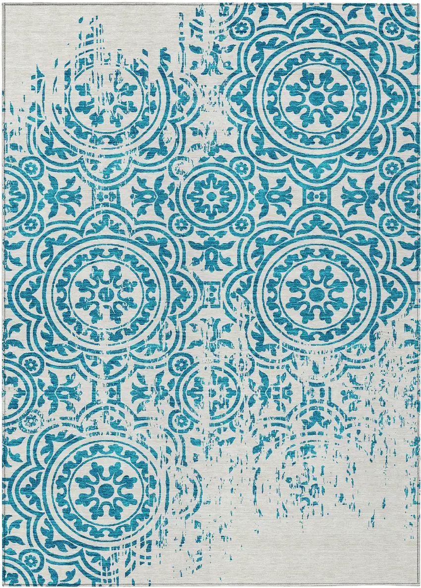 Teal Blue And Ivory Medallion Washable Indoor Outdoor Area Rug Photo 2