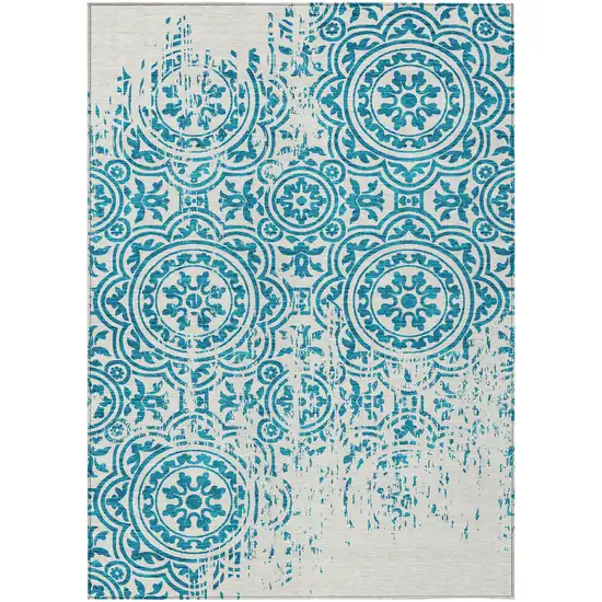 Teal Blue And Ivory Medallion Washable Indoor Outdoor Area Rug Photo 2