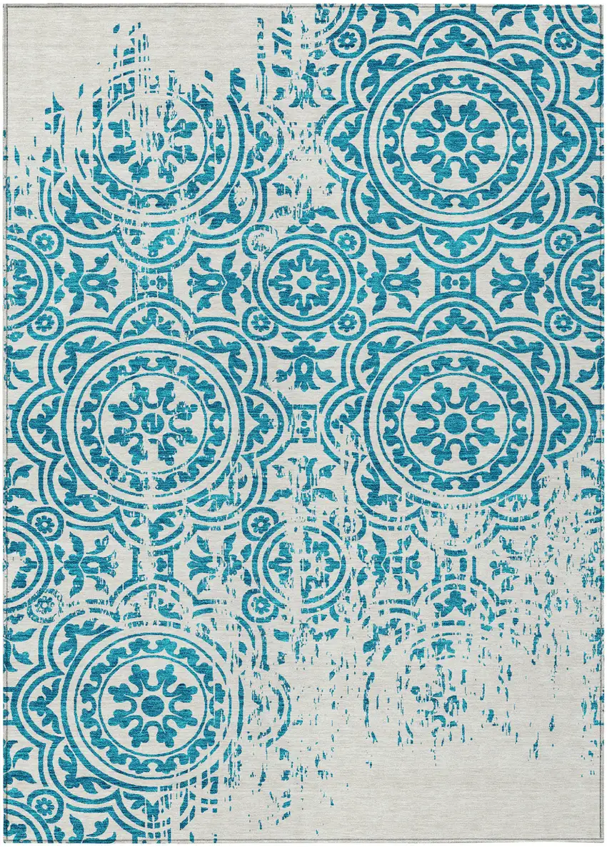 Teal Blue And Ivory Medallion Washable Indoor Outdoor Area Rug Photo 2