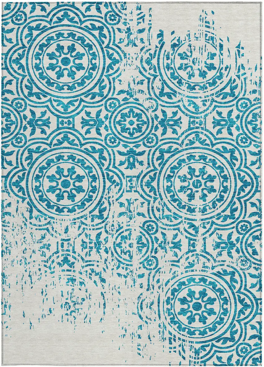 Teal Blue And Ivory Medallion Washable Indoor Outdoor Area Rug Photo 6
