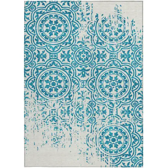 Teal Blue And Ivory Medallion Washable Indoor Outdoor Area Rug Photo 6