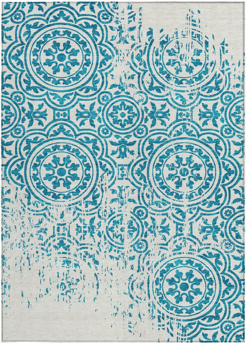 Teal Blue And Ivory Medallion Washable Indoor Outdoor Area Rug Photo 6