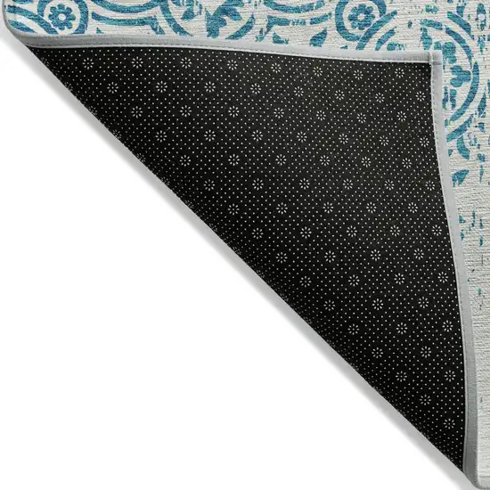 Teal Blue And Ivory Medallion Washable Indoor Outdoor Area Rug Photo 3