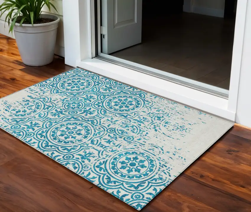 Teal Blue And Ivory Medallion Washable Indoor Outdoor Area Rug Photo 1