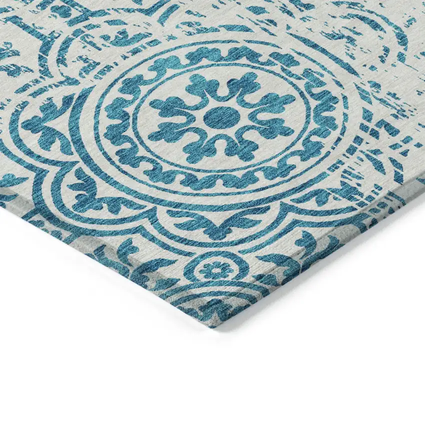 Teal Blue And Ivory Medallion Washable Indoor Outdoor Area Rug Photo 4