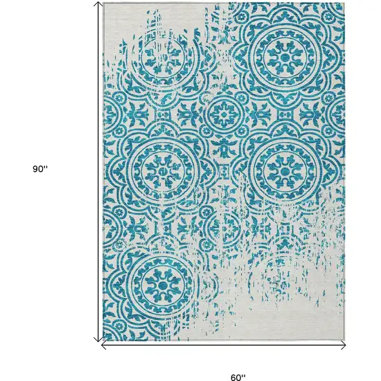 Teal Blue And Ivory Medallion Washable Indoor Outdoor Area Rug Photo 3