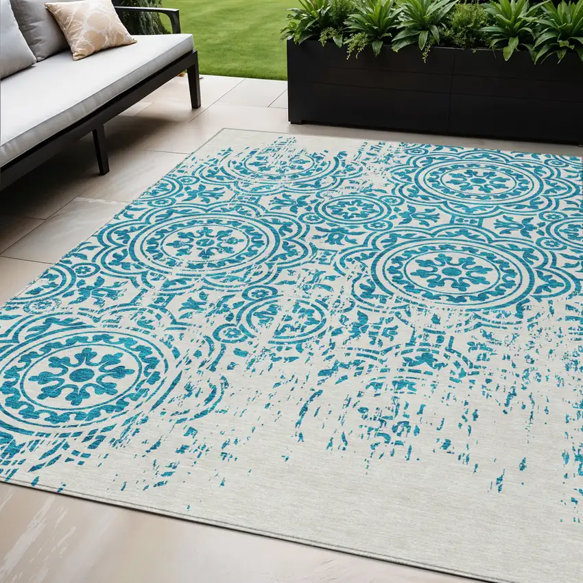 Teal Blue And Ivory Medallion Washable Indoor Outdoor Area Rug Photo 1