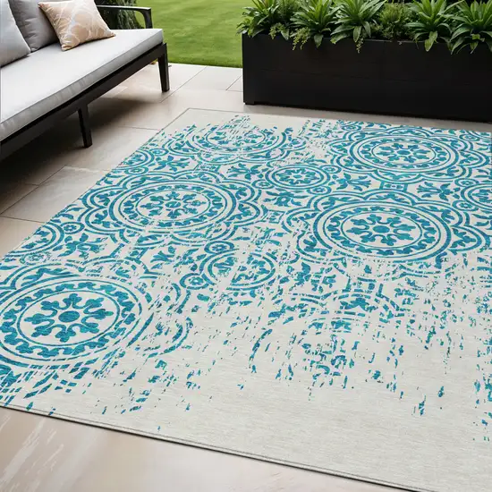 Teal Blue And Ivory Medallion Washable Indoor Outdoor Area Rug Photo 1