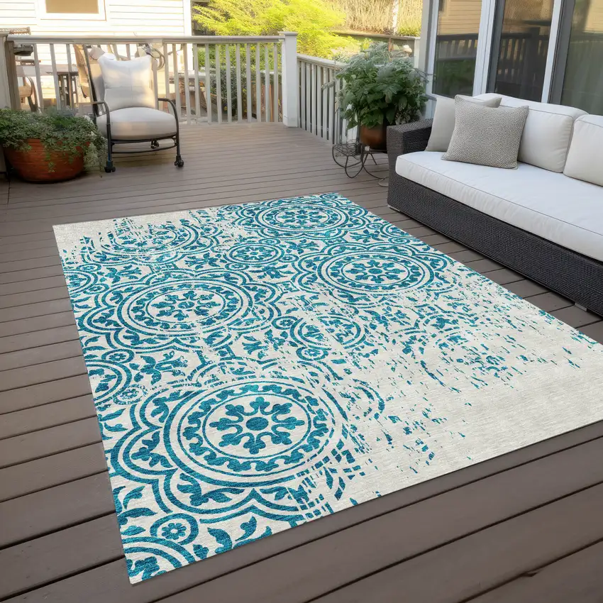 Teal Blue And Ivory Medallion Washable Indoor Outdoor Area Rug Photo 9