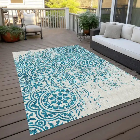 Teal Blue And Ivory Medallion Washable Indoor Outdoor Area Rug Photo 9