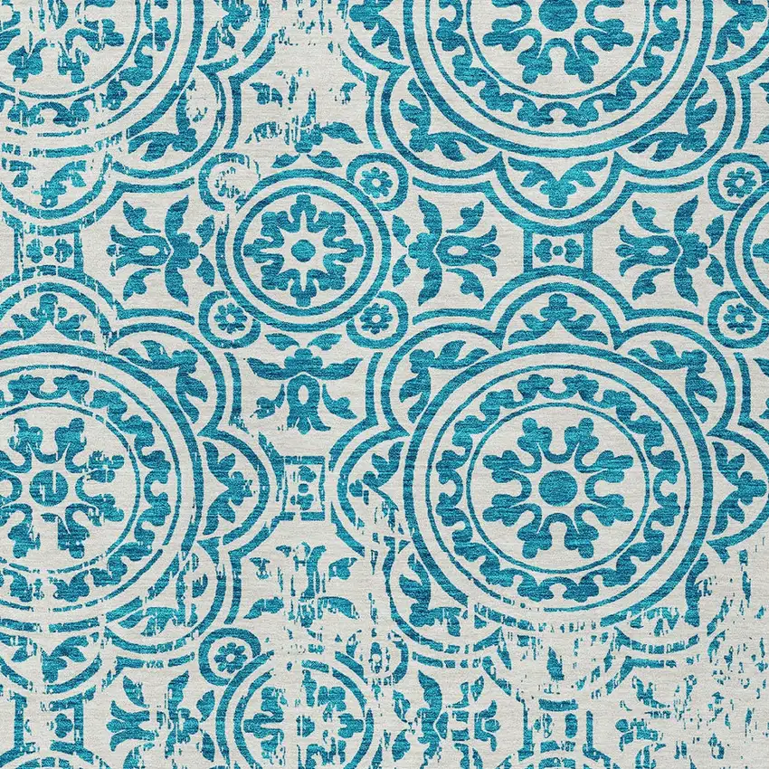 Teal Blue And Ivory Medallion Washable Indoor Outdoor Area Rug Photo 4