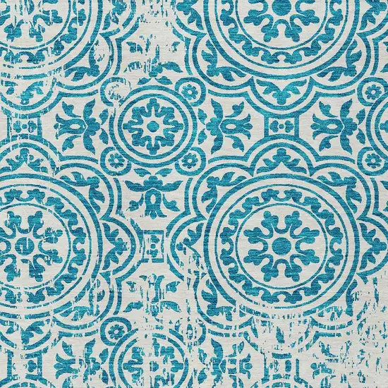 Teal Blue And Ivory Medallion Washable Indoor Outdoor Area Rug Photo 4