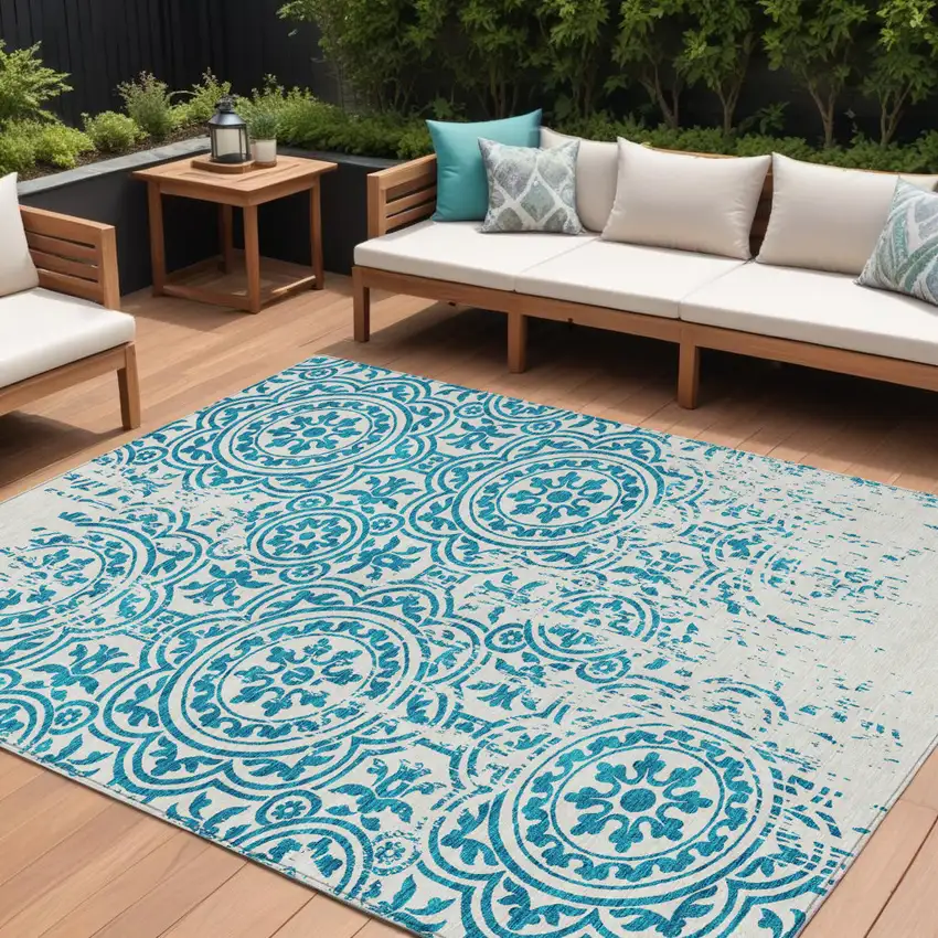 Teal Blue And Ivory Medallion Washable Indoor Outdoor Area Rug Photo 1
