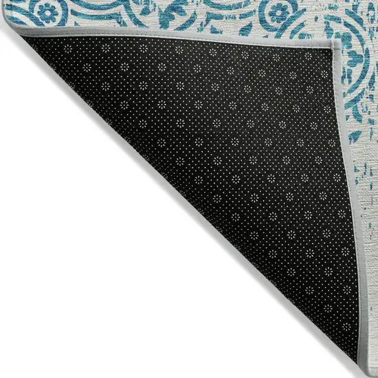 Teal Blue And Ivory Medallion Washable Indoor Outdoor Area Rug Photo 2