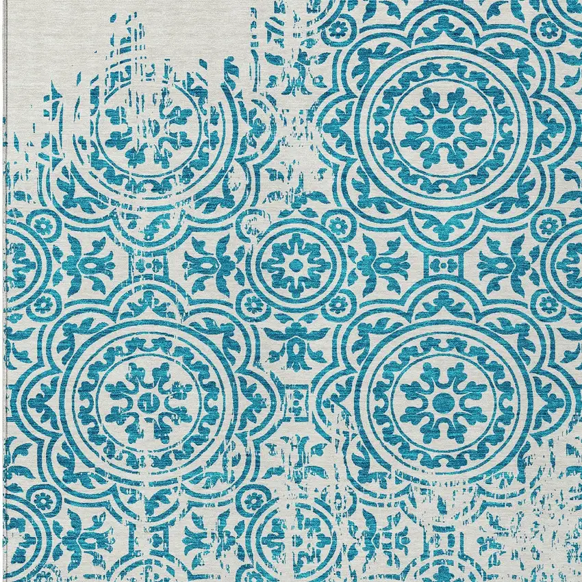 Teal Blue And Ivory Medallion Washable Indoor Outdoor Area Rug Photo 4