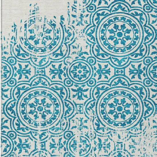 Teal Blue And Ivory Medallion Washable Indoor Outdoor Area Rug Photo 4