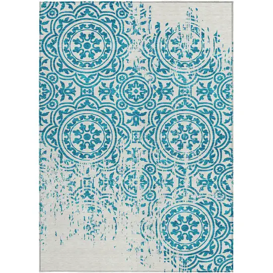 Teal Blue And Ivory Medallion Washable Indoor Outdoor Area Rug Photo 5