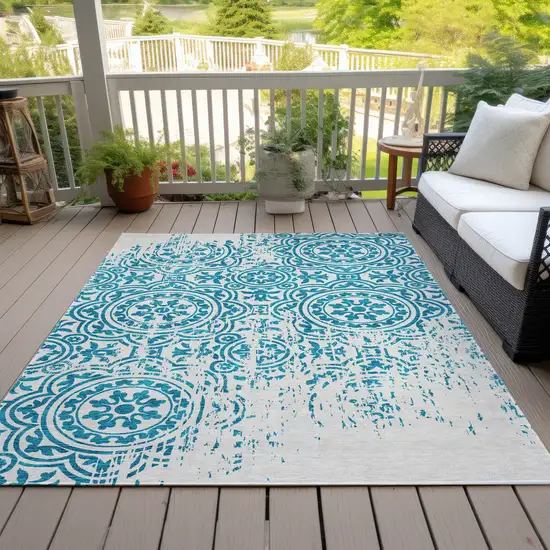 Teal Blue And Ivory Medallion Washable Indoor Outdoor Area Rug Photo 6