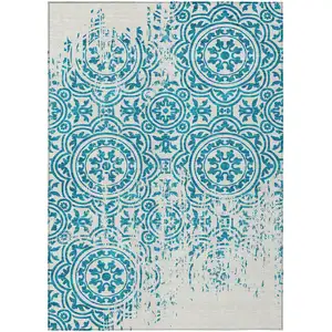 Photo of Teal Blue And Ivory Medallion Washable Indoor Outdoor Area Rug