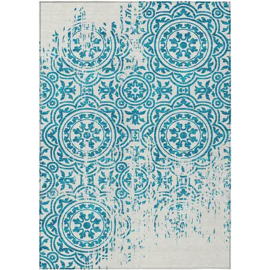 Teal Blue And Ivory Medallion Washable Indoor Outdoor Area Rug Photo 1