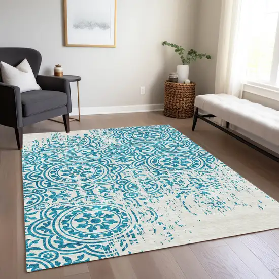 Teal Blue And Ivory Medallion Washable Indoor Outdoor Area Rug Photo 8