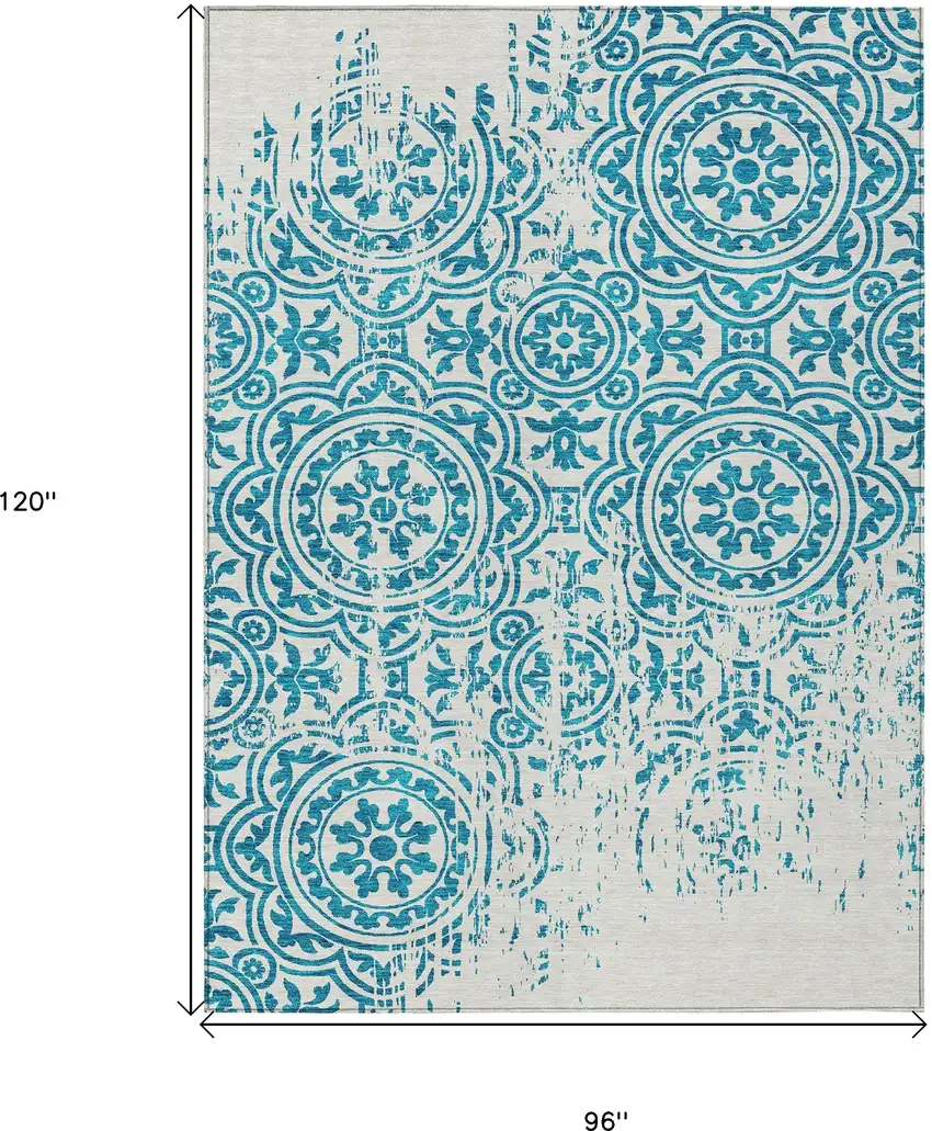Teal Blue And Ivory Medallion Washable Indoor Outdoor Area Rug Photo 3