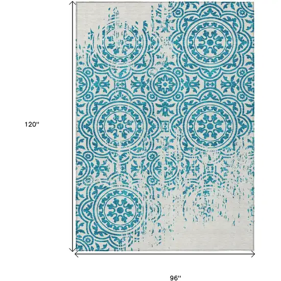 Teal Blue And Ivory Medallion Washable Indoor Outdoor Area Rug Photo 3