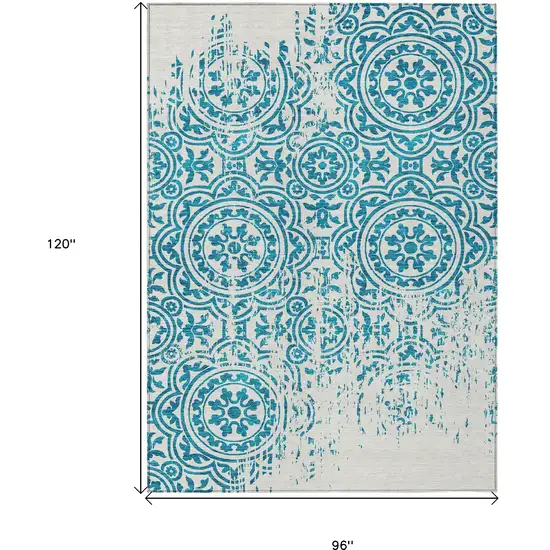 Teal Blue And Ivory Medallion Washable Indoor Outdoor Area Rug Photo 3