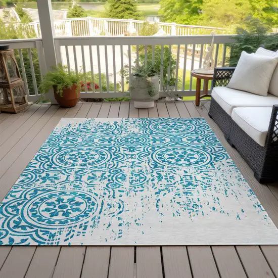 Teal Blue And Ivory Medallion Washable Indoor Outdoor Area Rug Photo 6
